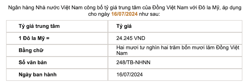 Tỷ giá trung tâm được Ngân hàng Nhà nước công bố. Ảnh chụp màn hình