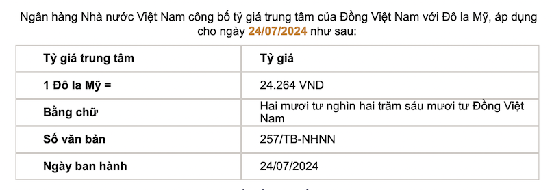 Tỷ giá trung tâm được Ngân hàng Nhà nước công bố. Ảnh chụp màn hình