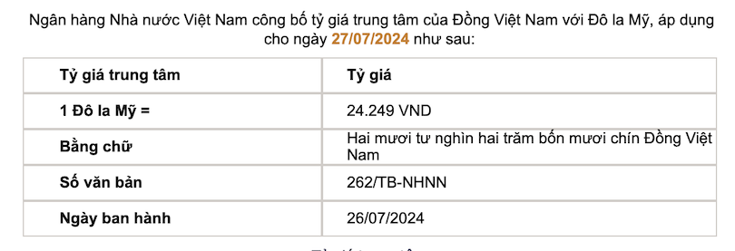 Tỷ giá trung tâm được Ngân hàng Nhà nước công bố. Ảnh chụp màn hình