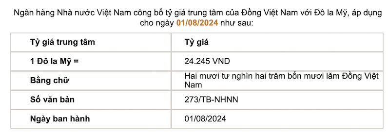 Tỷ giá trung tâm được Ngân hàng Nhà nước công bố. Ảnh chụp màn hình